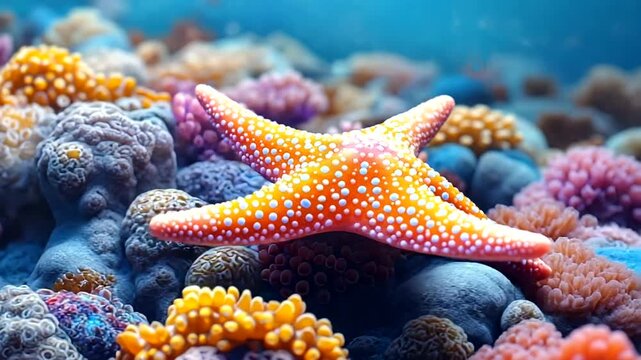 Colorful starfish among vibrant coral reef underwater