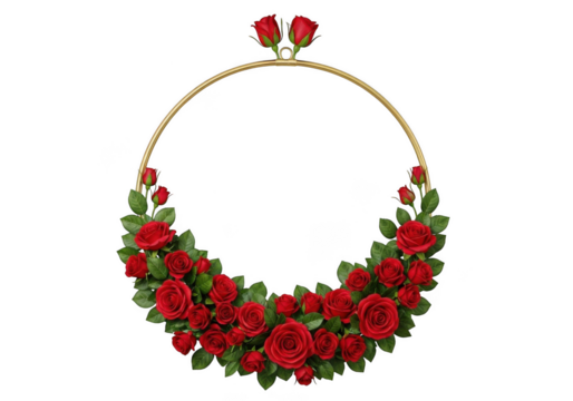 Golden hoop frame decorated with vibrant red roses and green leaves. isolated on transparent background