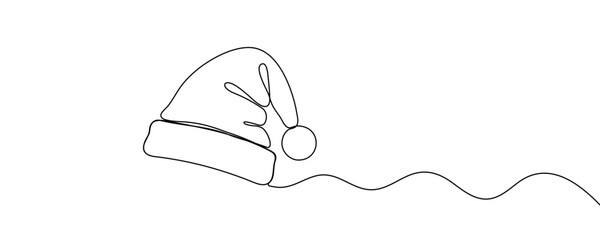 One continuous line drawing of christmas Santa Claus hat, Continuous line drawing of cap of santa. Christmas hat one line icon, vector illustration. 