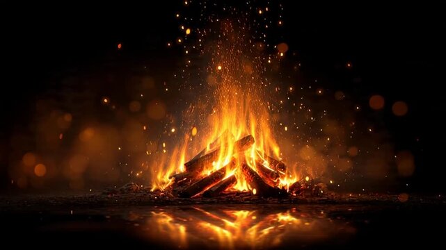 Vibrant bonfire with intense flames and glowing embers in the dark.