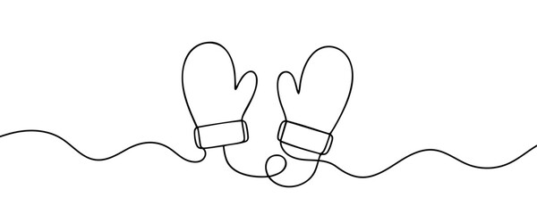 Winter Mittens one line drawing, Santa Christmas mittens. Continuous linear drawing of mittens. Vector illustration. 