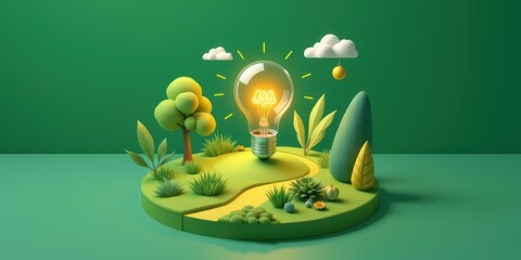 A bright light bulb surrounded by greenery and clouds in a playful landscape scene.
