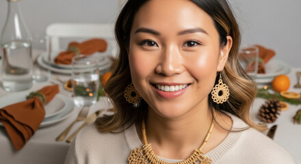 Smiling Asian woman wearing gold jewelry, laughing at a festive Thanksgiving dinner table setting with autumn decorations.