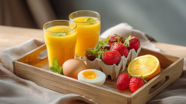 Healthy breakfast setup with orange juice, boiled egg, and fresh fruits on wooden tray
