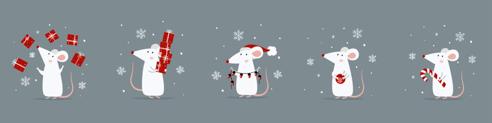 A set of vector illustrations for Christmas cards. Cute white mouse with New Year's gifts and sweets in Santa Claus' hat. Vector illustration