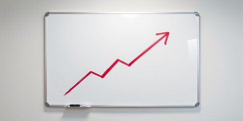 Obraz premium Whiteboard with an upward trending graph drawn in red.