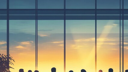 Professionals engage in a business meeting as the sun sets, creating a vibrant backdrop. The silhouettes gather around a conference table, showcasing teamwork and collaboration.