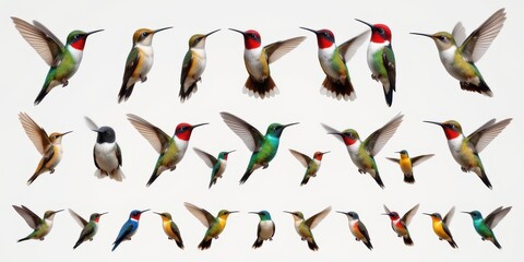 Obraz premium Illustration featuring various species of colorful hummingbirds in flight.