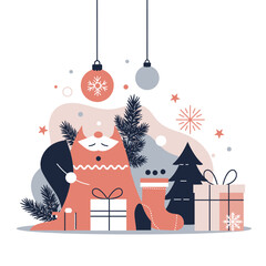 Festive Christmas Cat Illustration with Gifts and Decorations in a Flat Design Style