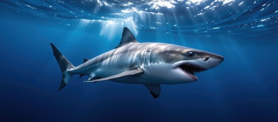 Fototapeta premium A shark swims gracefully through clear blue ocean waters.