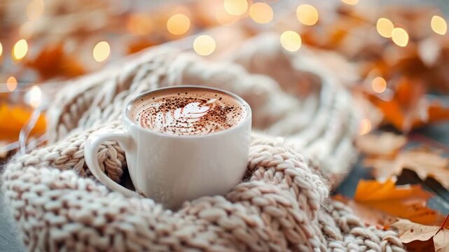 Autumn cappuccino in grey cup with knitted plaid, garland and autumn leaves. Hygge. White coffee cup with latte art foam in cozy fall composition. Fall hot drinks, cafe and bar concept menu copy space - Powered by Adobe