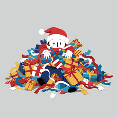 A generous Santa Claus is buried under a mountain of wrapped gifts and ribbons, symbolizing the abundance of holiday season giving and receiving
