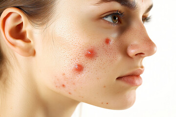 A close-up of a young woman's face, showing acne and skin texture, highlighting skin health issues and concerns related to blemishes.