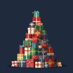 Festive Pyramid of Wrapped Gifts in Various Colors and Sizes, Perfect for Holiday Celebrations
