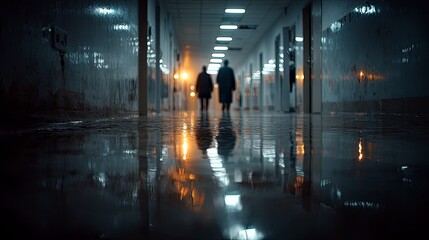 Two figures walk down a dark, wet hospital hallway, illuminated by overhead lights and distant orange glows, with reflections shimmering on the flooded floor.