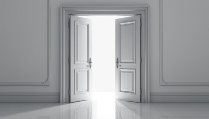 Open double doors revealing bright light in a minimalist, modern interior.