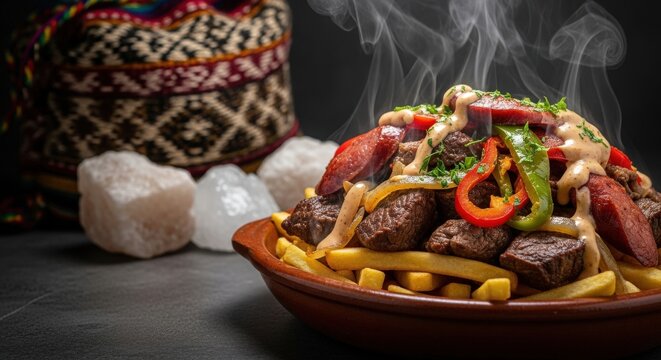 Hearty Bolivian Pique a lo Macho &ndash; Beef, Sausage & Peppers on Fries with Chuspas & Salar Salt Crystals 