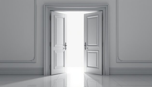Open double doors revealing bright light in a minimalist, modern interior.