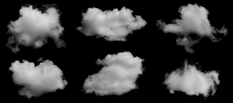 Realistic isolated cloud shapes on a transparent black background ideal for digital art compositing weather concepts graphic design and creative editing projects requiring natural soft cloud textures.