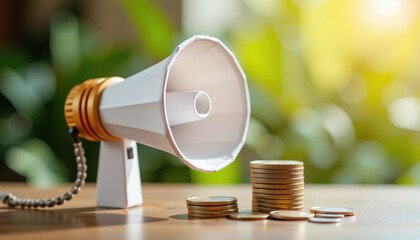 Paper megaphone beside stacked coins on a table with a blurred green background.