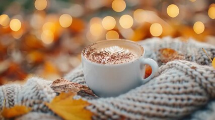 Autumn cappuccino in grey cup with knitted plaid, garland and autumn leaves. Hygge. White coffee cup with latte art foam in cozy fall composition. Fall hot drinks, cafe and bar concept menu copy space