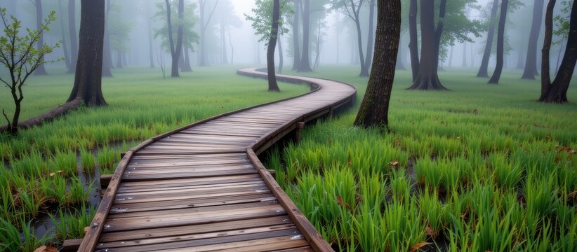 A serene wooden path winds through a misty forest landscape.