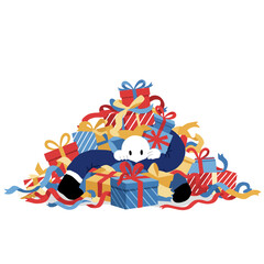 Whimsical Cartoon Character Emerging from a Festive Mountain of Colorful Gifts and Ribbons