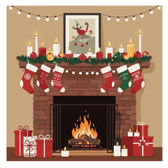 Cozy Christmas Fireplace Scene with Festive Decorations, Stockings, and Wrapped Gifts – Ideal for Holiday Celebrations and Winter Evenings