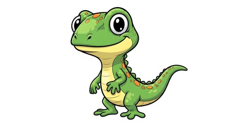 Obraz premium cute cartoon gecko character, adorable lizard mascot illustration, smiling gecko cartoon artwork, lizard icon, lizard character on white background, gecko cartoon, dinosaur cartoon character on white 