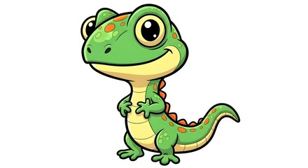 Obraz premium cute cartoon gecko character, adorable lizard mascot illustration, smiling gecko cartoon artwork, lizard icon, lizard character on white background, gecko cartoon, dinosaur cartoon character on white 