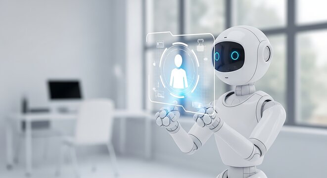 Futuristic robot working in an office room with x ray technology