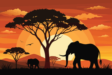 Fototapeta premium Wild elephant family silhouettes against an orange savanna sunset landscape illustration vector