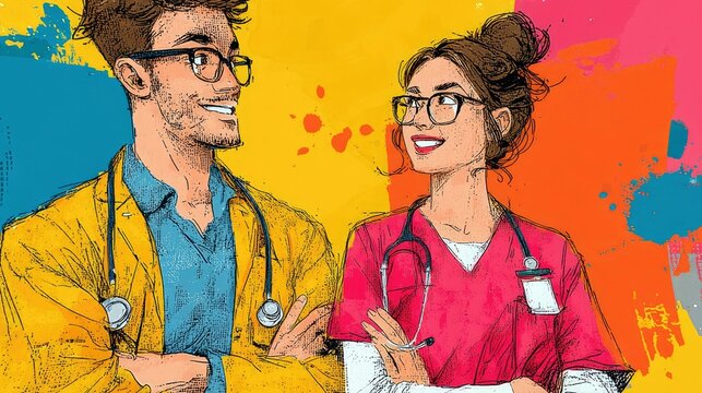 A male doctor in a yellow lab coat and a female nurse in pink scrubs stand side-by-side, both wearing stethoscopes and glasses.