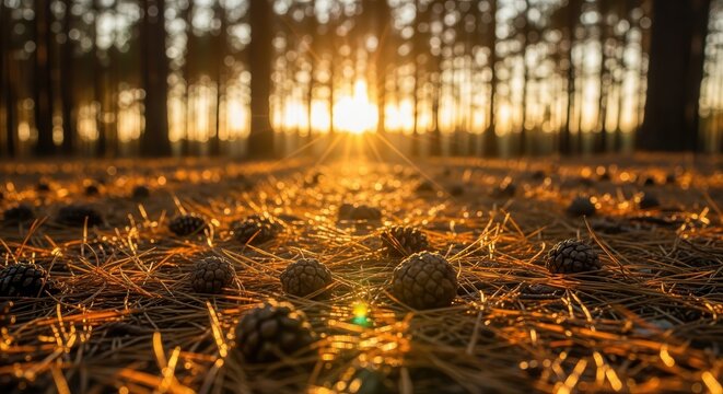 Serene woodland at sunrise with pine cones and needles bathed in golden light