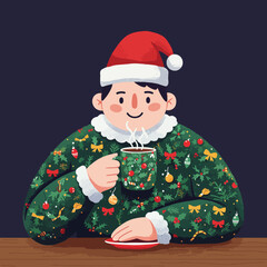 Happy individual in a festive, ornament-adorned Christmas sweater and Santa hat enjoys a warm hot drink, perfectly embodying the cozy and cheerful spirit of the holiday season