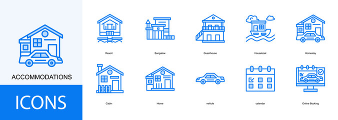 acommodations icon collection set. Containing Resort, Bungalow, Guesthouse, Houseboat, Homestay icon