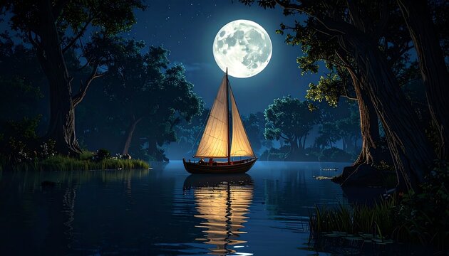 A sailboat floats on a serene lake under a full moon at night - Powered by Adobe