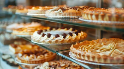 A display of various desserts including pies and tarts in a bakery. The treats feature different toppings and crusts, showcasing a variety of flavors and styles.