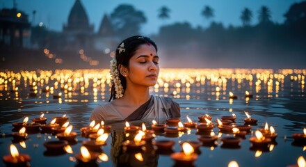 Mystical river illumination with a serene woman embodying spiritual reflection at twilight