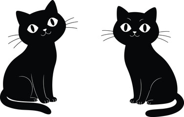 Obraz premium Black cat silhouette, sitting pose, cartoon style, white background, stylized feline, smiling face, vector art, pet illustration, cute design