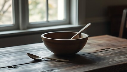 somber. An empty wooden bowl and a thin spoon on an old table. menu design, packaging mockups, designed for culinary blogs and recipe cards for restaurants, used by PR specialists.