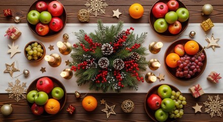 Festive Holiday Tabletop Arrangement with Fruits and Decorations.