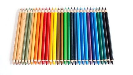 Obraz premium graphite. Colored pencils arranged in rainbow order on a white desk, geometric and precise. tutorial guides, club newsletters, designed for tourism and weekend activity guides.