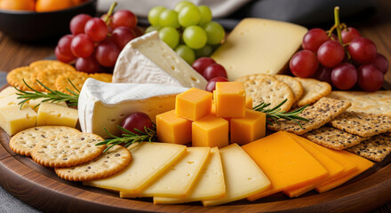 Assortment of Cheeses Crackers Grapes and Rosemary on a Wooden Platter Keywords: cheese board, cheese platter, cheese, crackers, grapes, red grapes, green grapes, brie, cheddar, gouda