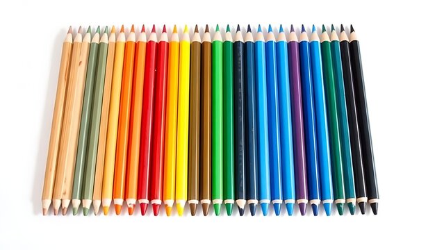 graphite. Colored pencils arranged in rainbow order on a white desk, geometric and precise. tutorial guides, club newsletters, designed for tourism and weekend activity guides.