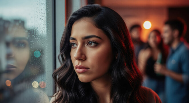 Pensive young woman with dark hair gazing out of rain-streaked window in a busy bar, feeling lonely and thoughtful.