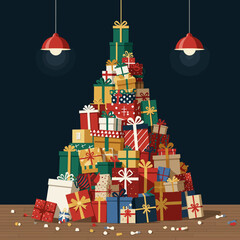 A festive and creative holiday concept featuring a giant stack of colorful wrapped presents arranged to form a Christmas tree under hanging lights