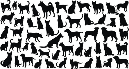 Cat and dog silhouettes in various poses, pet diversity, animal shapes, black vector, minimal style, cad drawing flat vector illustration
