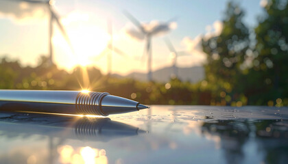 Pen and Turbine Silhouette at Sunset: An exquisite pen rests on a glistening surface, with majestic wind turbines standing tall against a vibrant sunset sky.