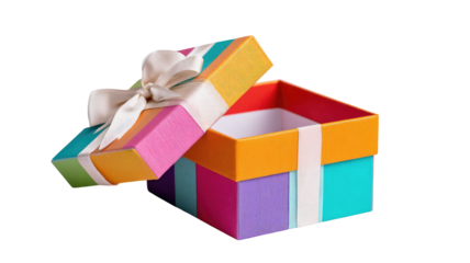 Open gift box, colorful stripes, and a delicate cream-colored bow